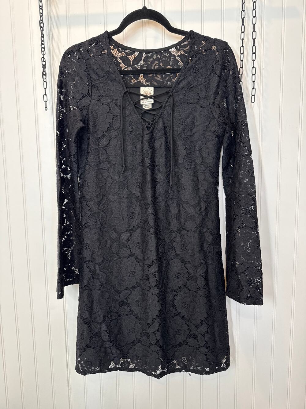 NWT Self Esteem Black Lace with Black Underlay Mini Shift Dress LBD Size M